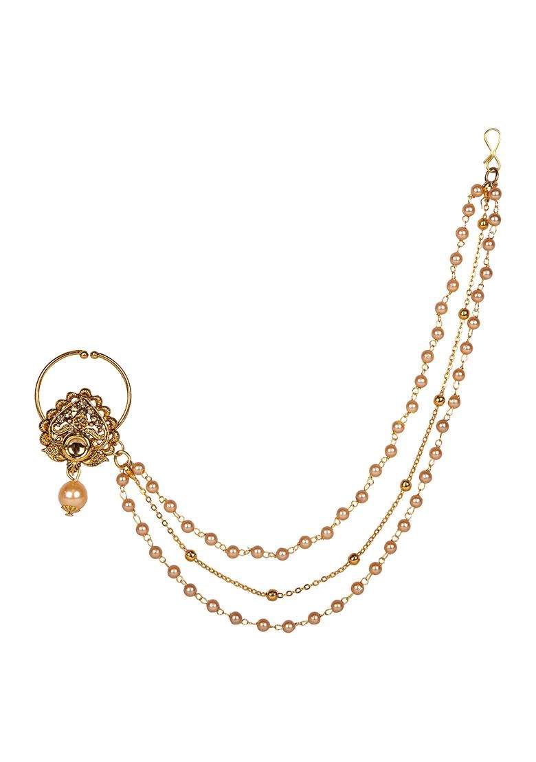 Golden Brass Nath With Chain - Indya