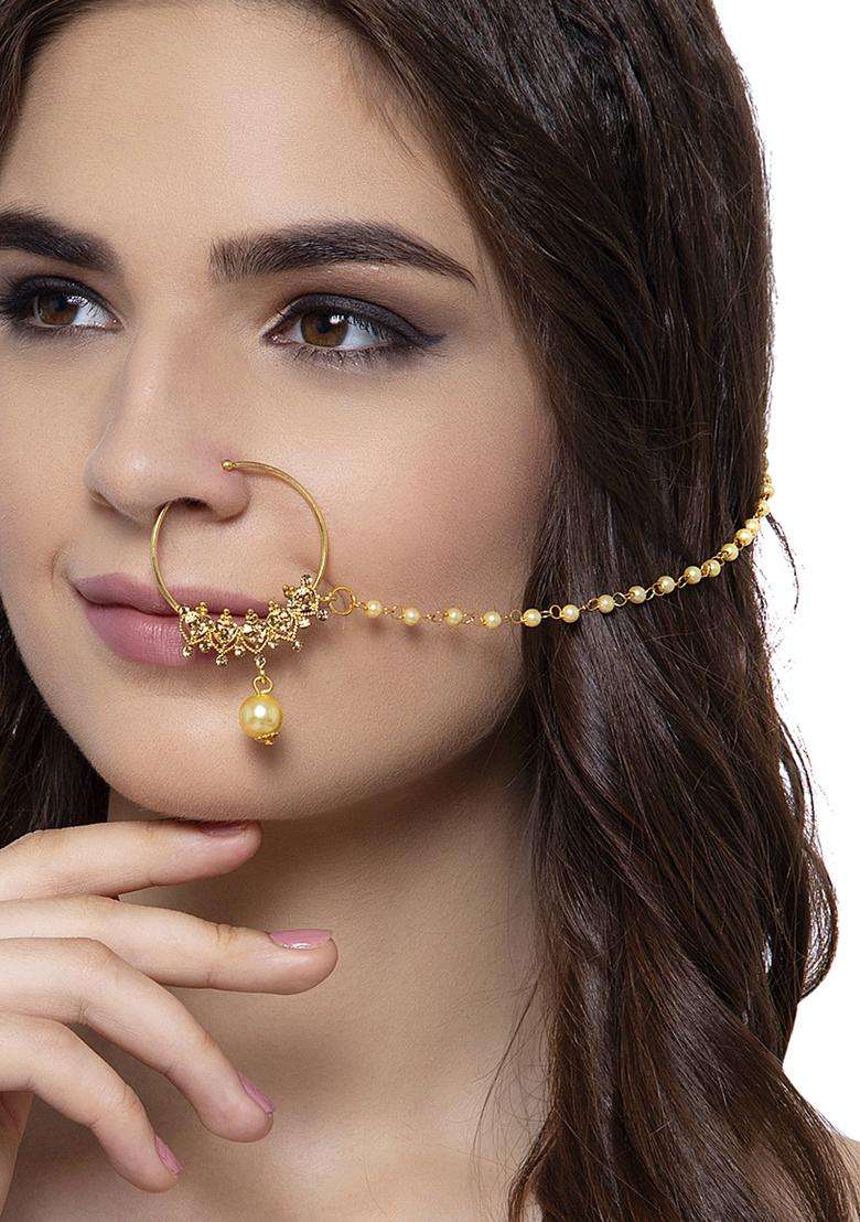 Golden Brass Nath With Chain - Indya