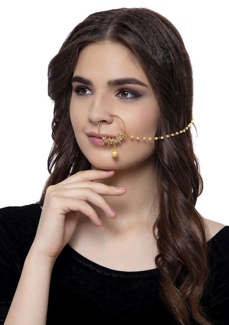 Golden Brass Nath With Chain - Indya