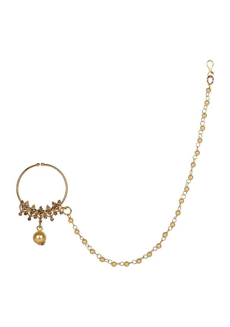 Golden Brass Nath With Chain - Indya