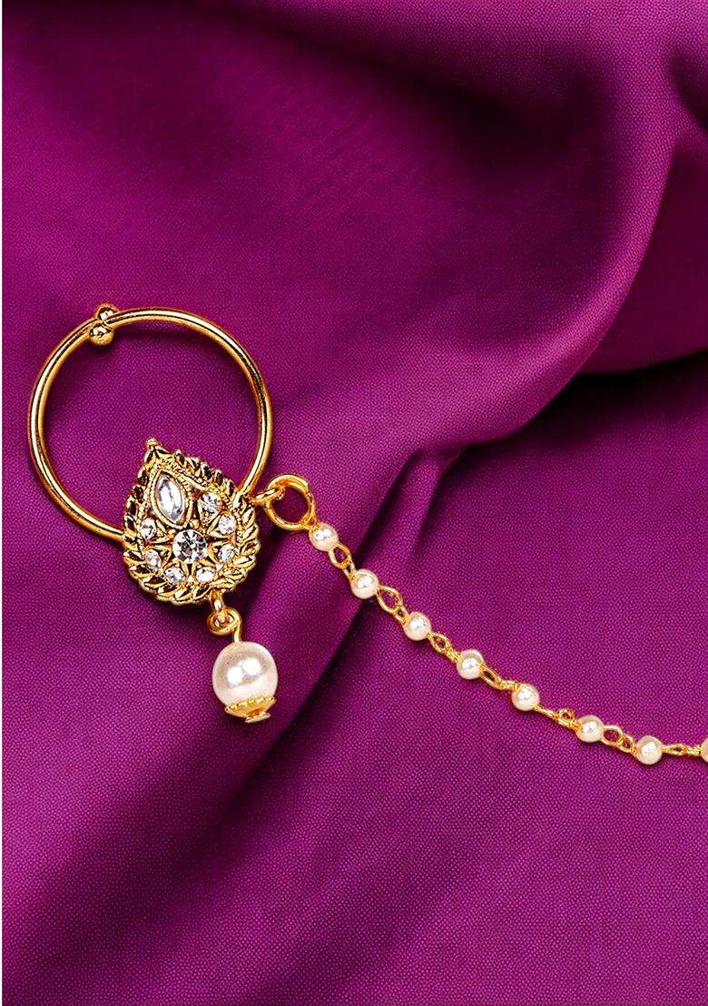 Golden Brass Nath With Chain - Indya