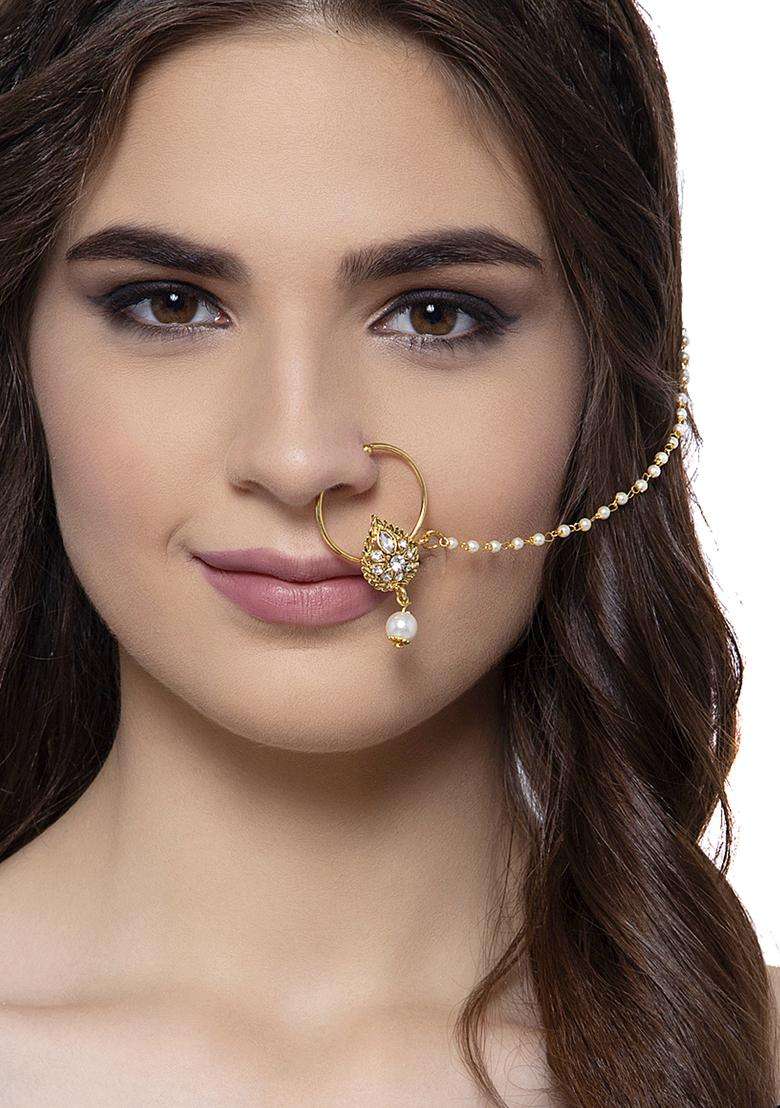 Golden Brass Nath With Chain - Indya
