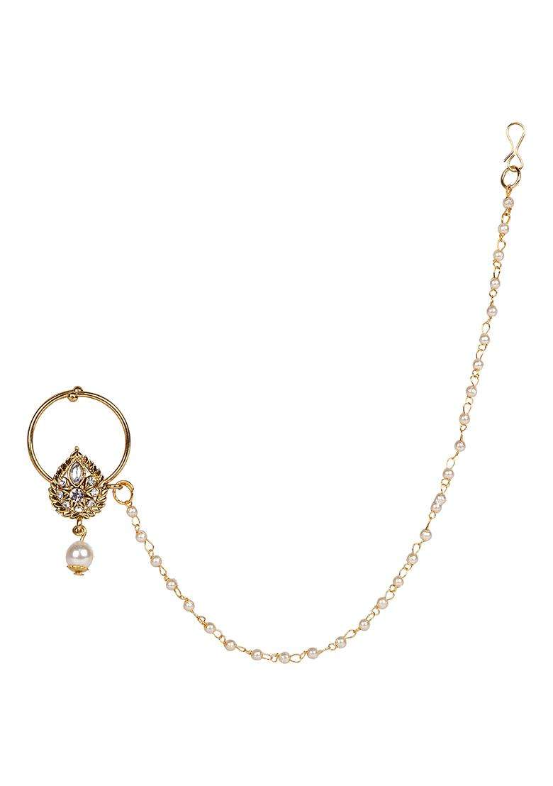 Golden Brass Nath With Chain - Indya