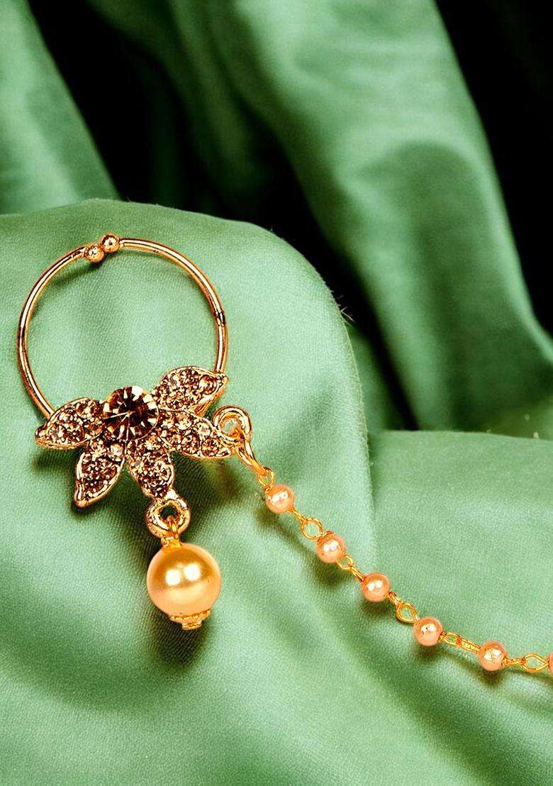 Golden Brass Nath With Chain - Indya