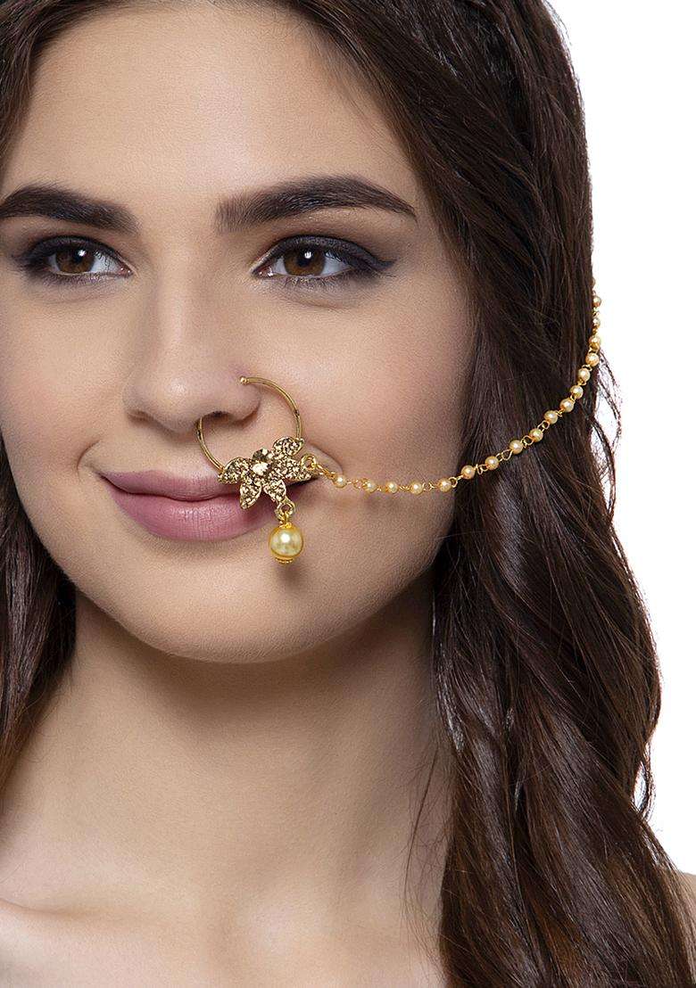 Golden Brass Nath With Chain - Indya