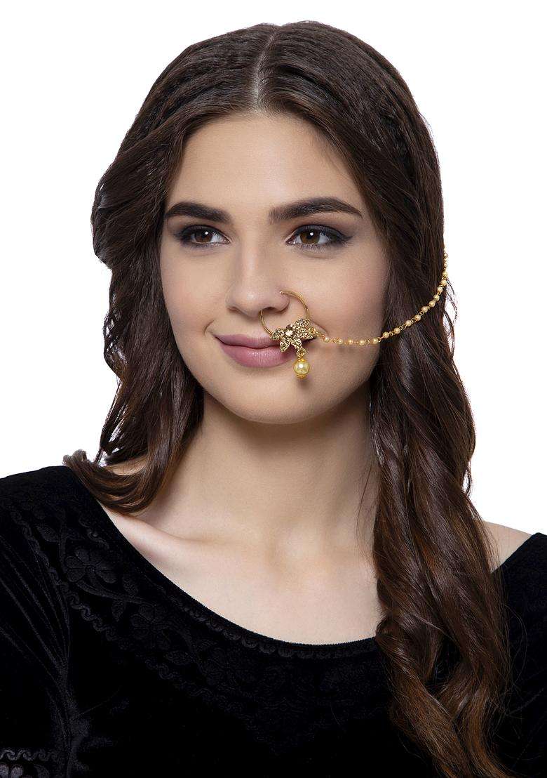 Golden Brass Nath With Chain - Indya