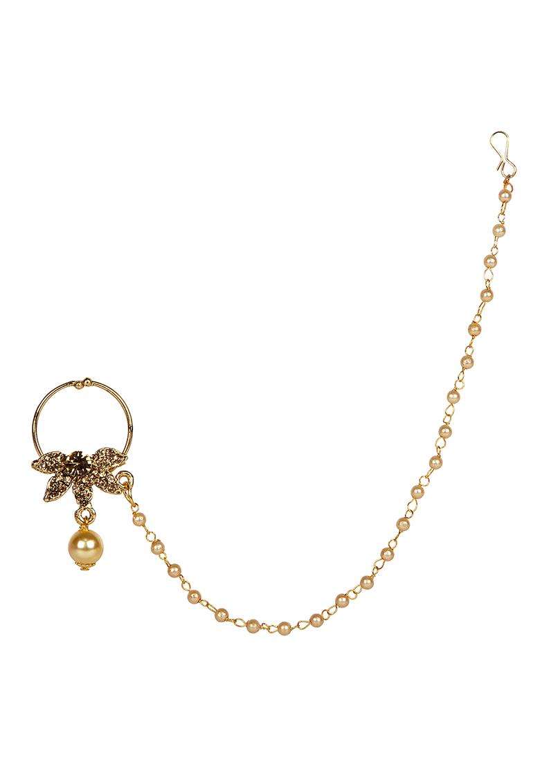 Golden Brass Nath With Chain - Indya