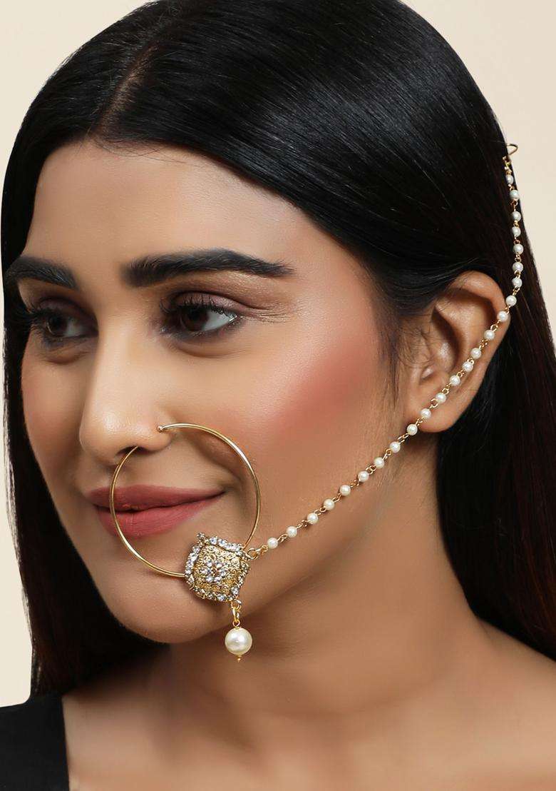 Golden Brass Nath With Chain - Indya