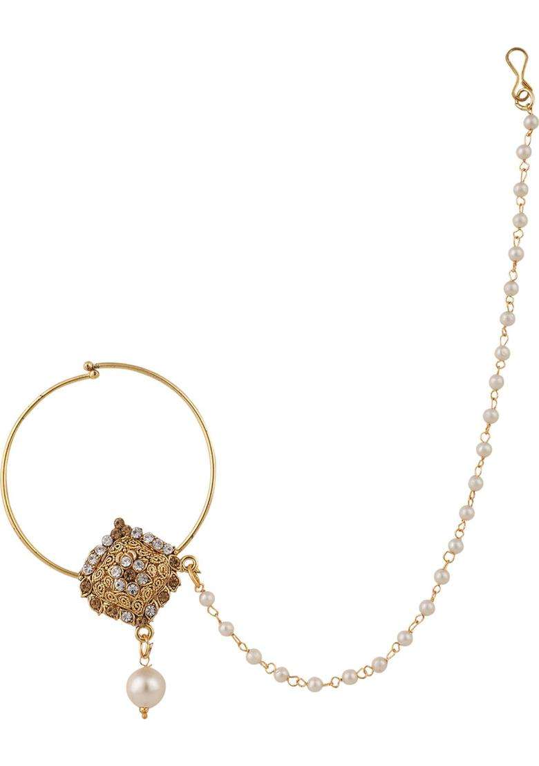 Golden Brass Nath With Chain - Indya
