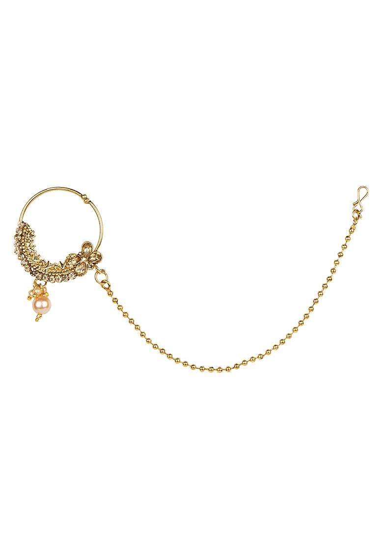 Golden Brass Nath With Chain - Indya