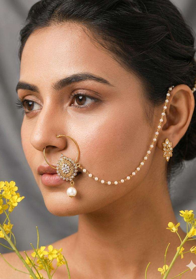 Golden Brass Nath With Chain - Indya