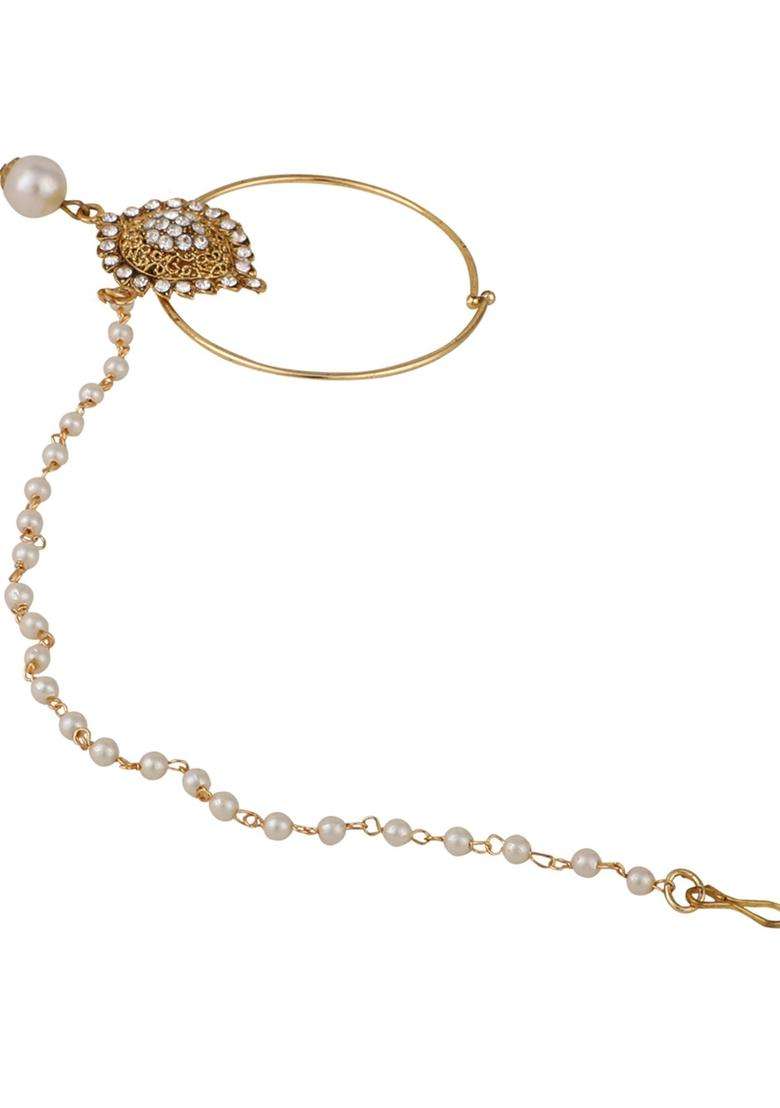 Golden Brass Nath With Chain - Indya