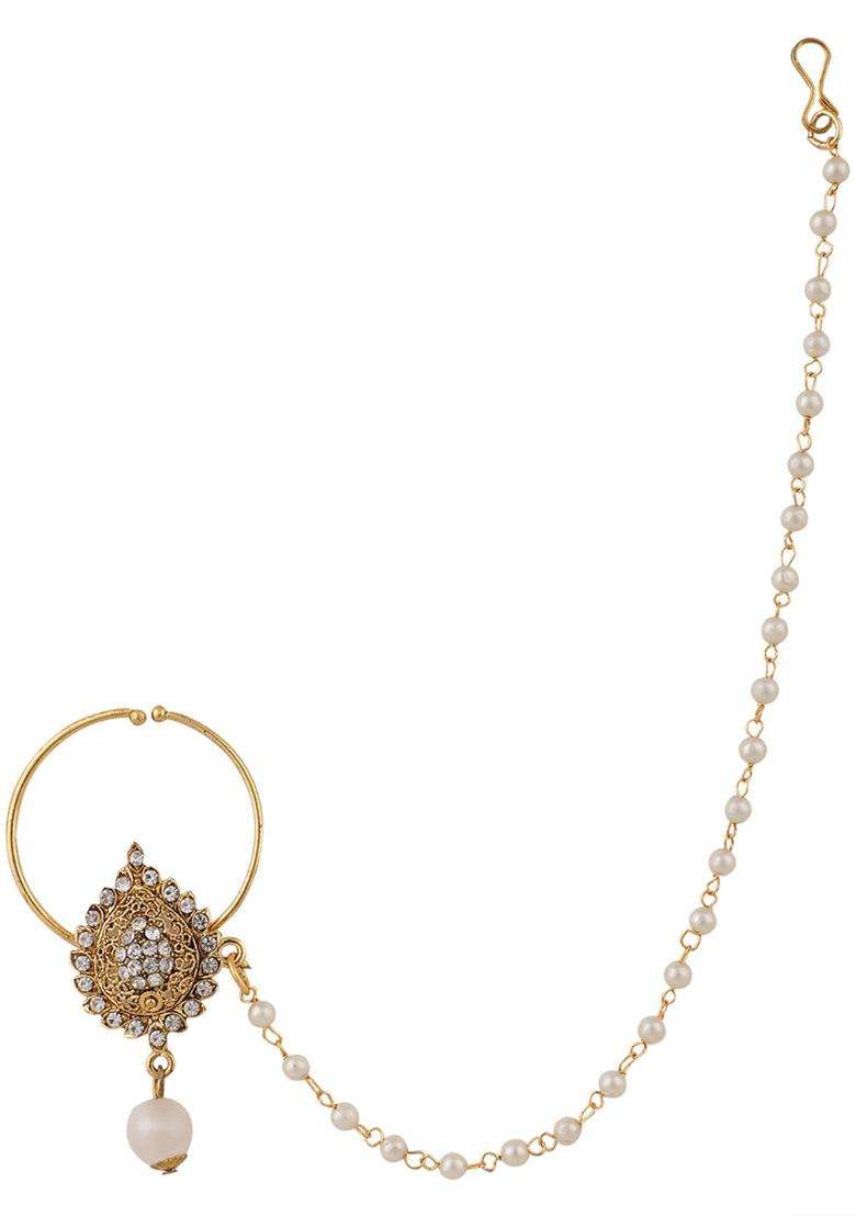 Golden Brass Nath With Chain - Indya