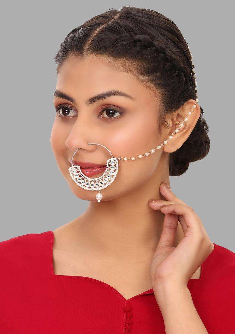 White Brass Nath With Chain - Indya