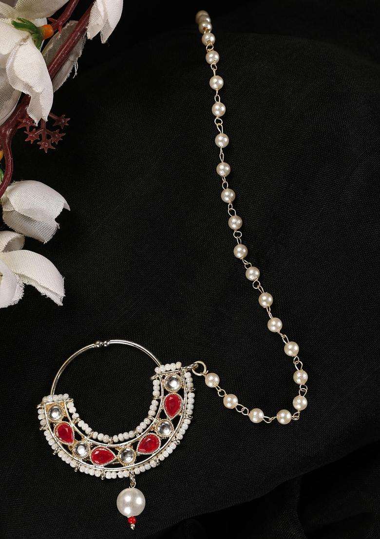 Red Brass Nath With Chain - Indya