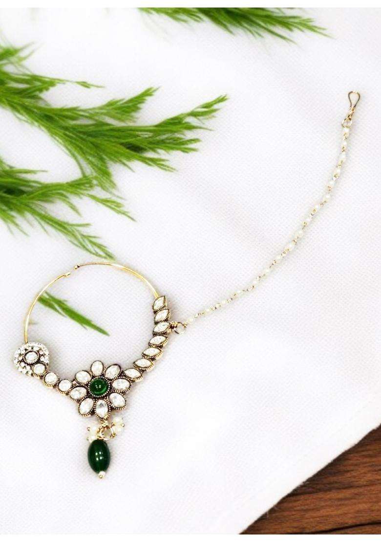Green Brass Nath With Chain - Indya
