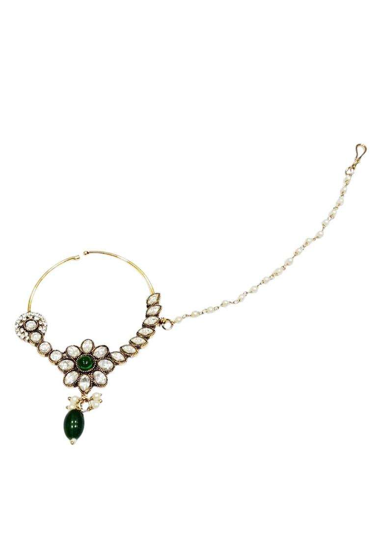 Green Brass Nath With Chain - Indya