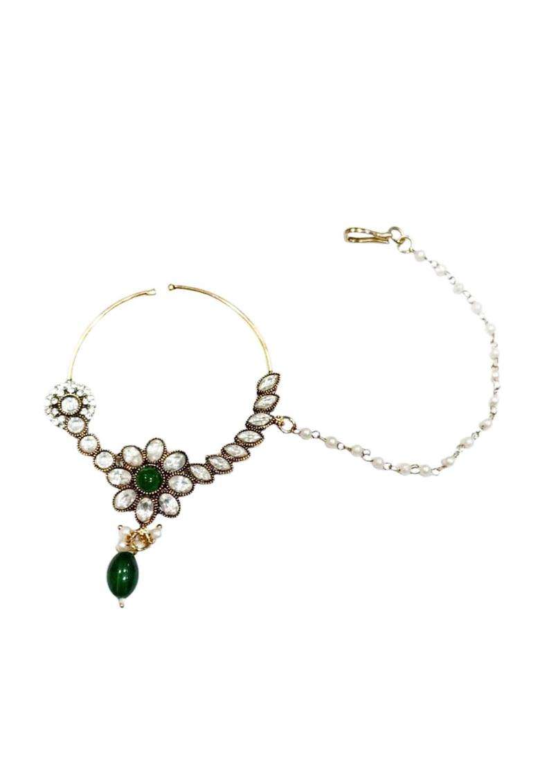 Green Brass Nath With Chain - Indya