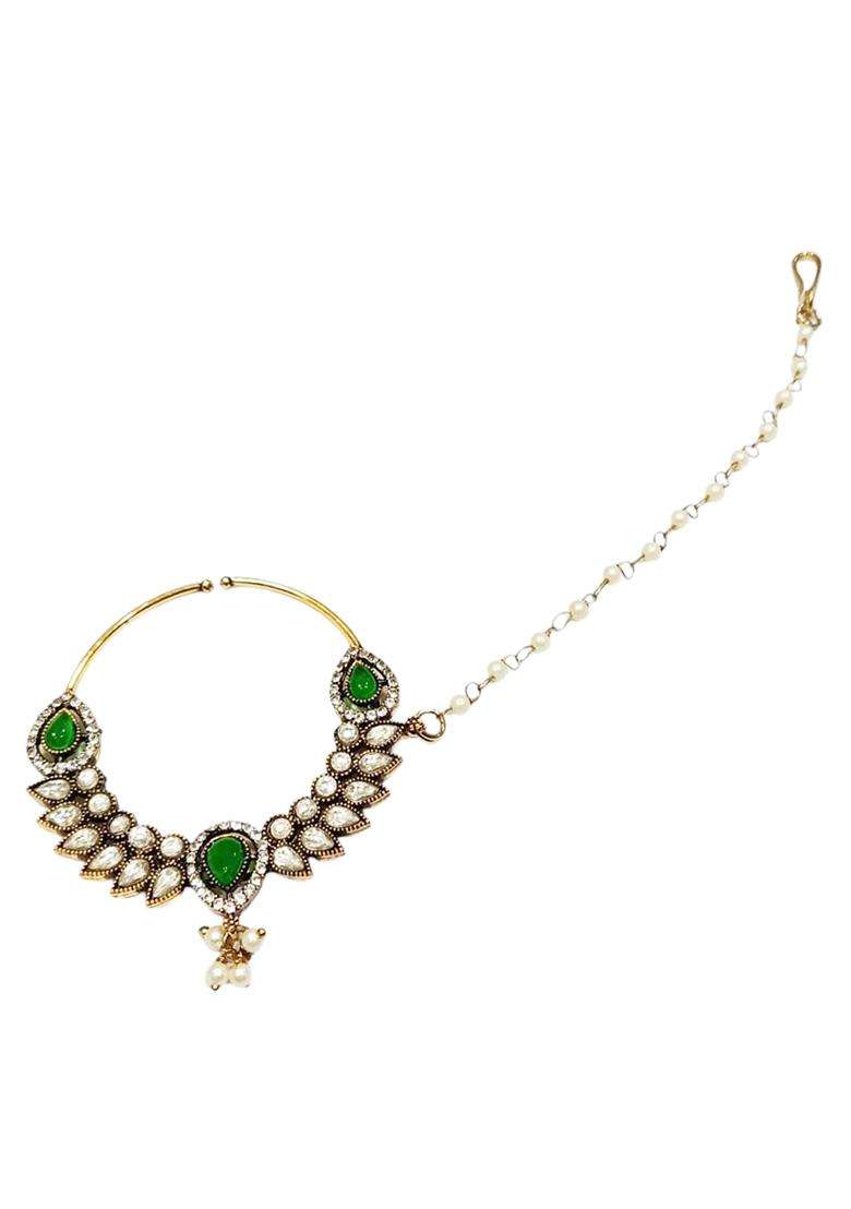 Green Brass Nath With Chain - Indya