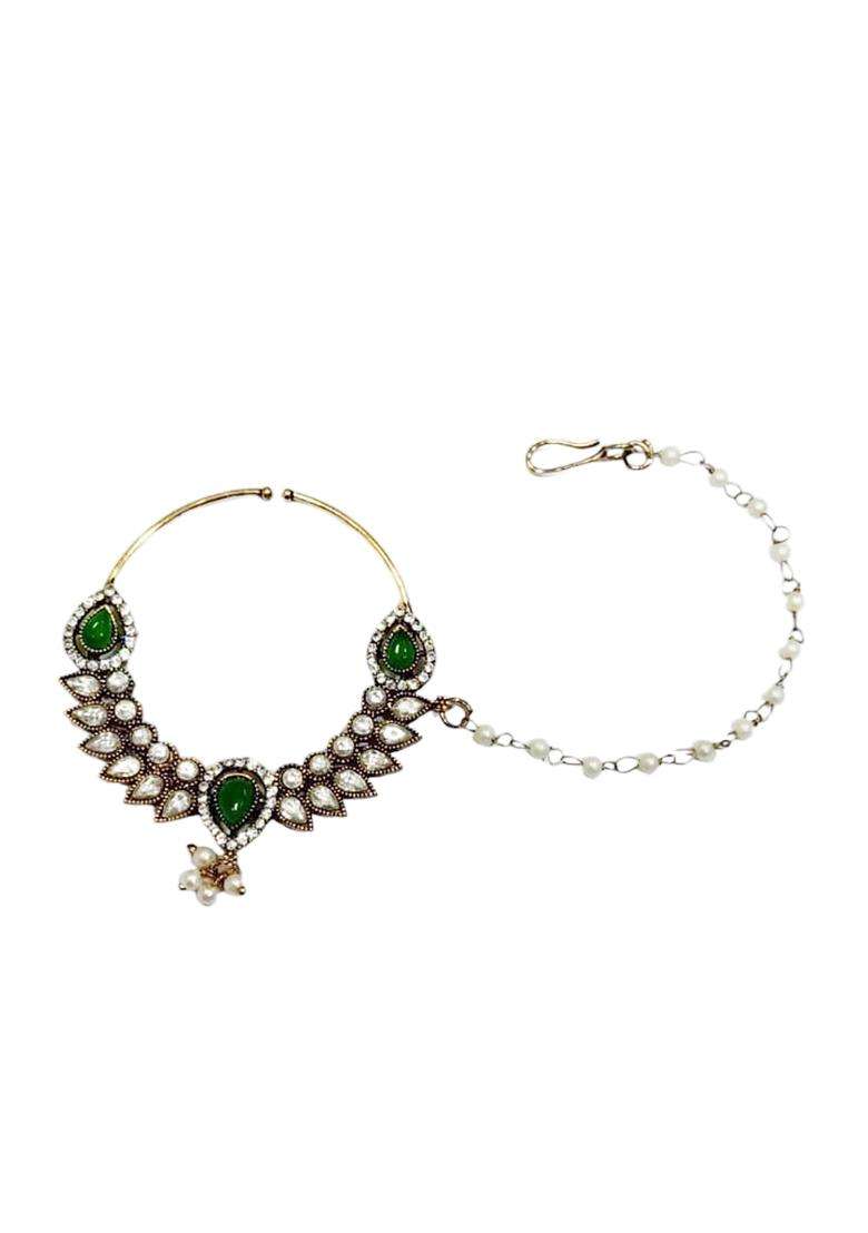 Green Brass Nath With Chain - Indya