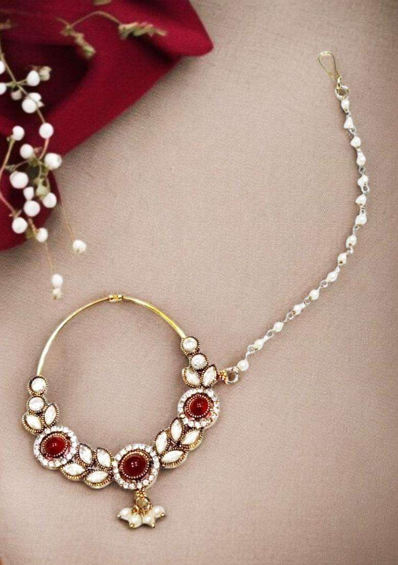 Red Brass Nath With Chain - Indya