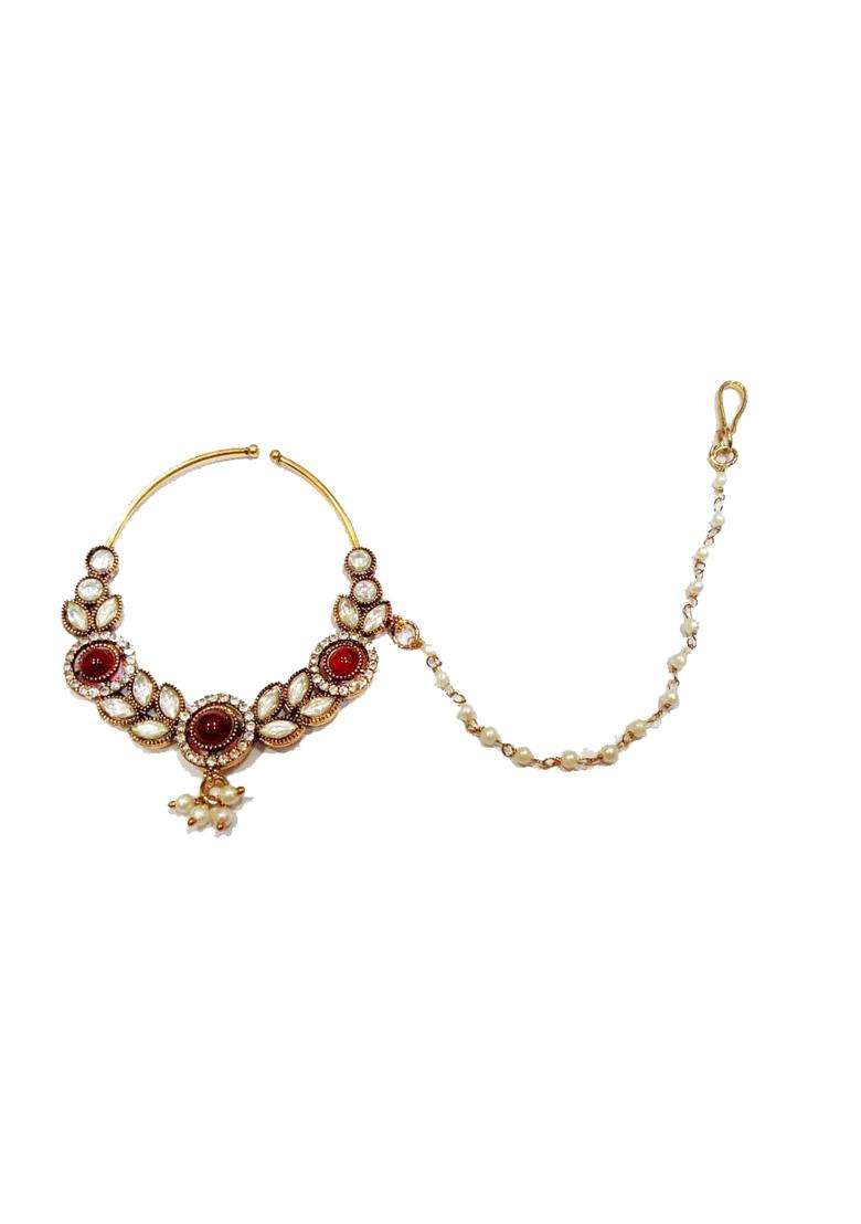 Red Brass Nath With Chain - Indya