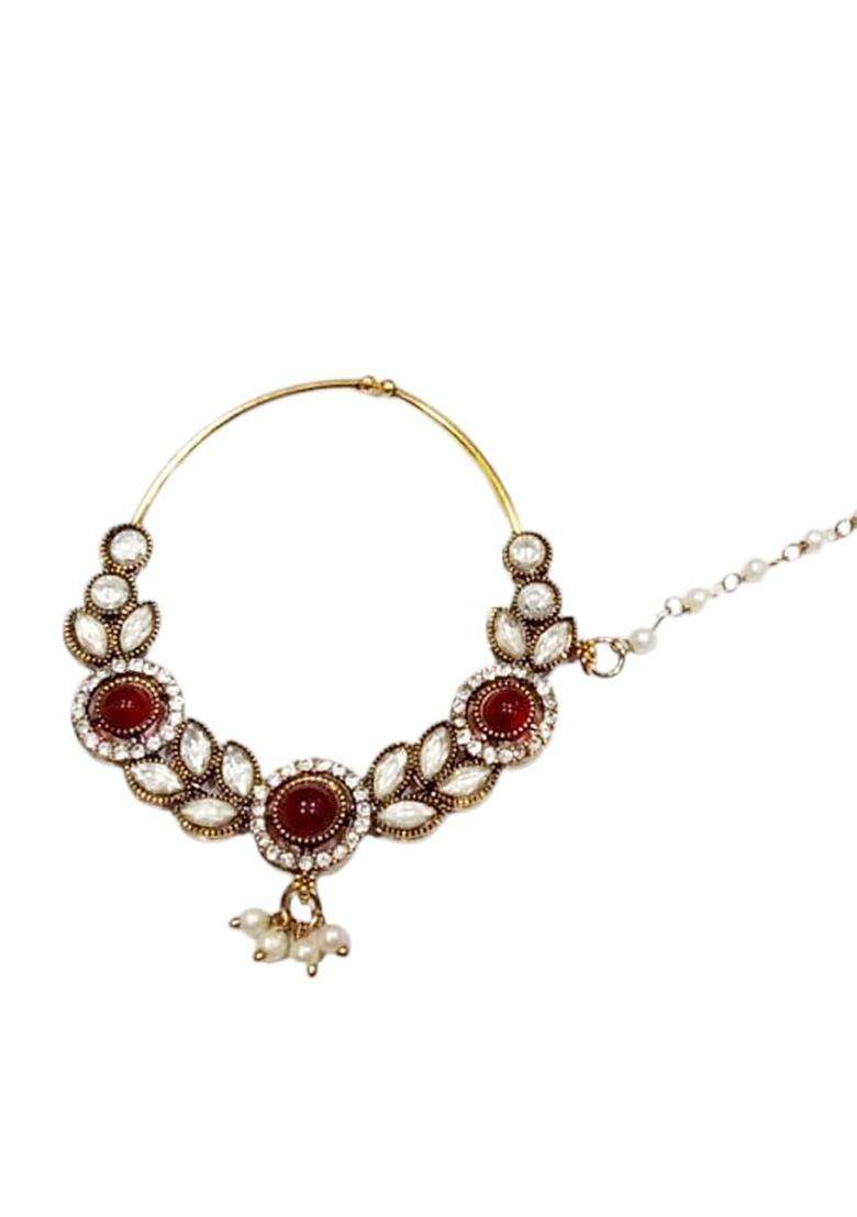 Red Brass Nath With Chain - Indya