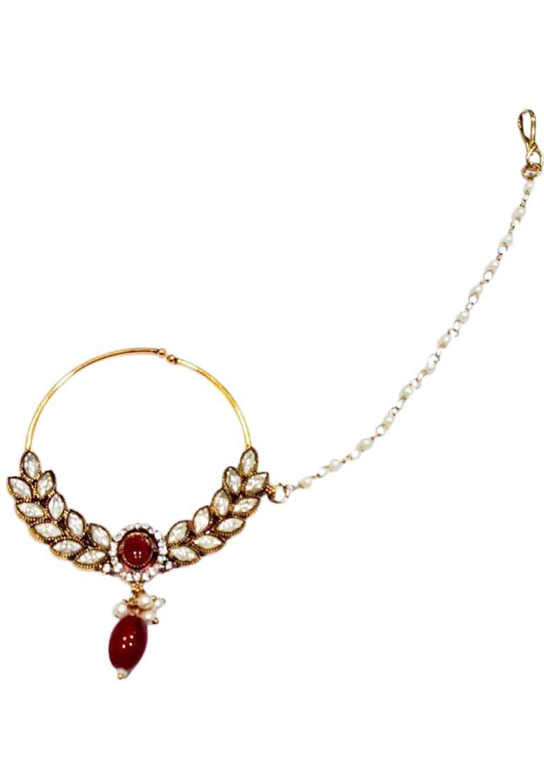 Red Brass Nath With Chain - Indya