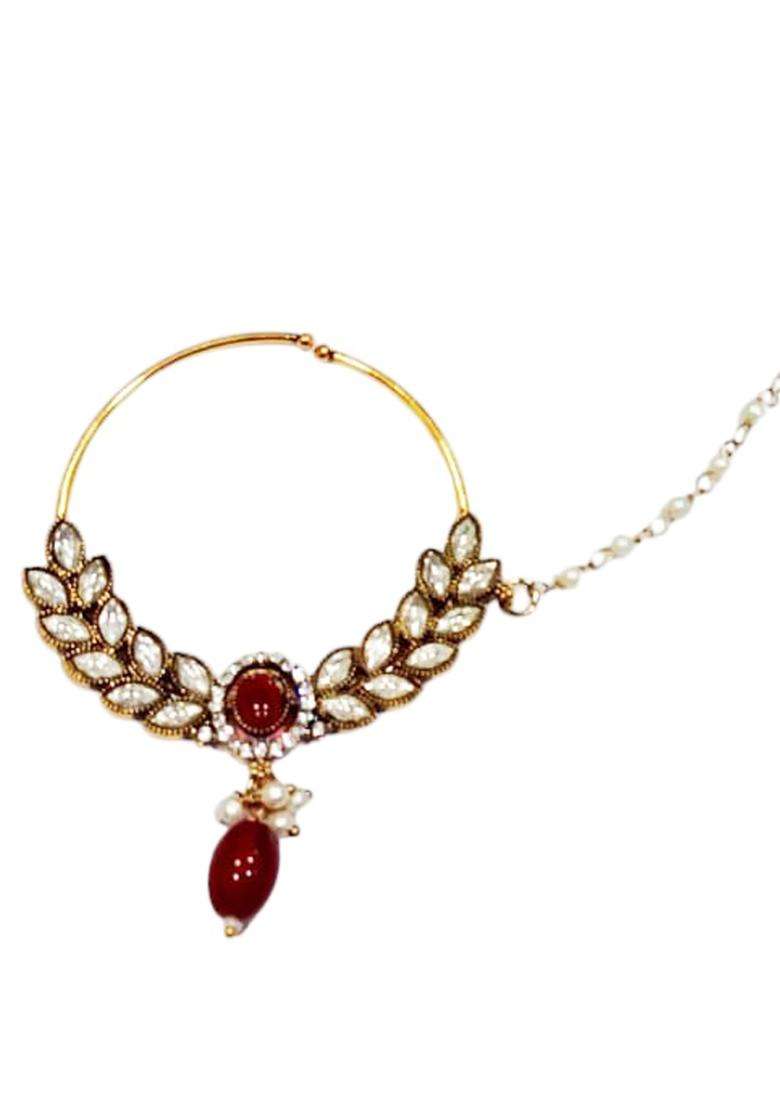 Red Brass Nath With Chain - Indya