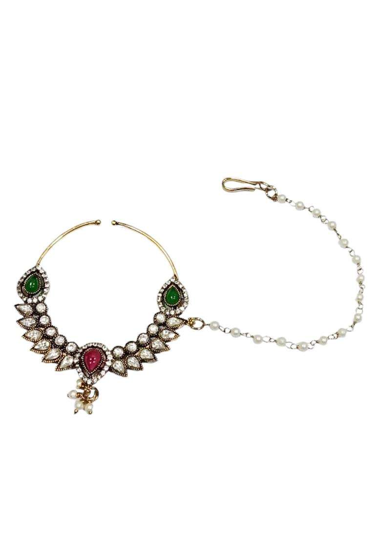 Multicolor Brass Nath With Chain - Indya