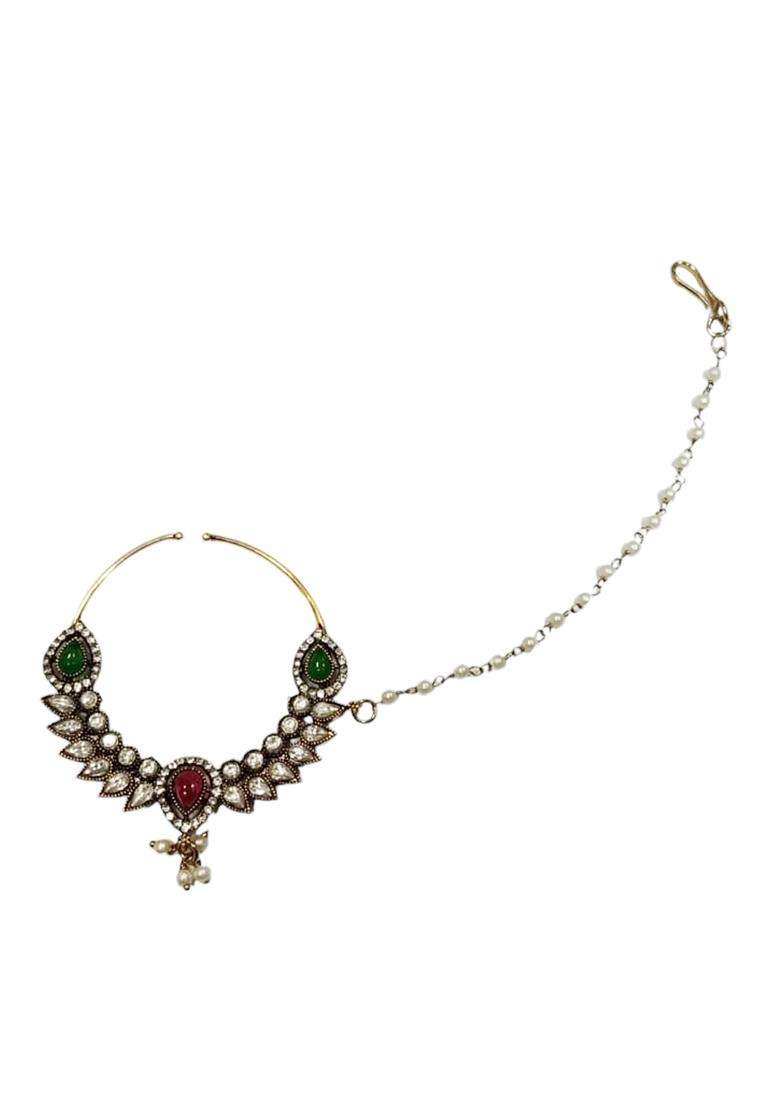 Multicolor Brass Nath With Chain - Indya
