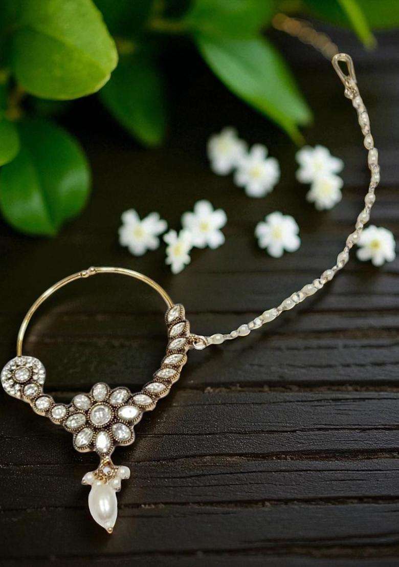 White Brass Nath With Chain - Indya