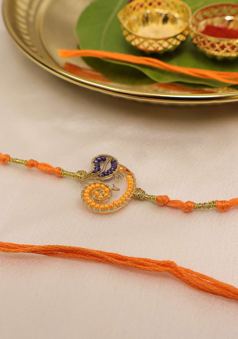 Orange Beads Thread Rakhi - Indya