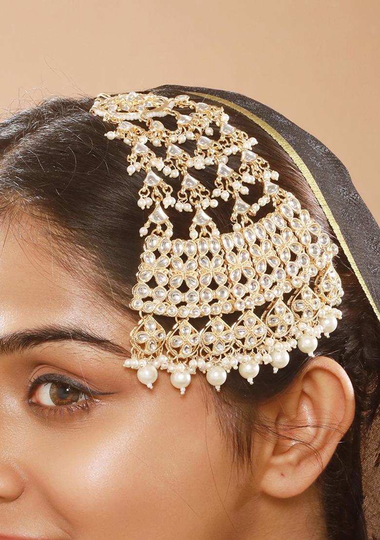 Gold Plated Kundan Studded Jhumar Passa Head Jewellery