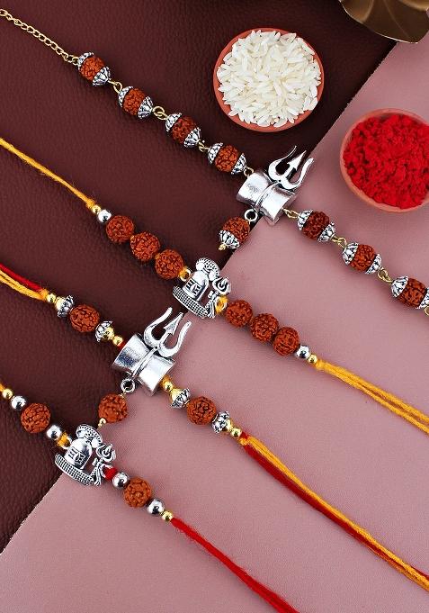 Set Of 4 Silver Beaded Oxidised Thread Rakhis With Roli Chawal