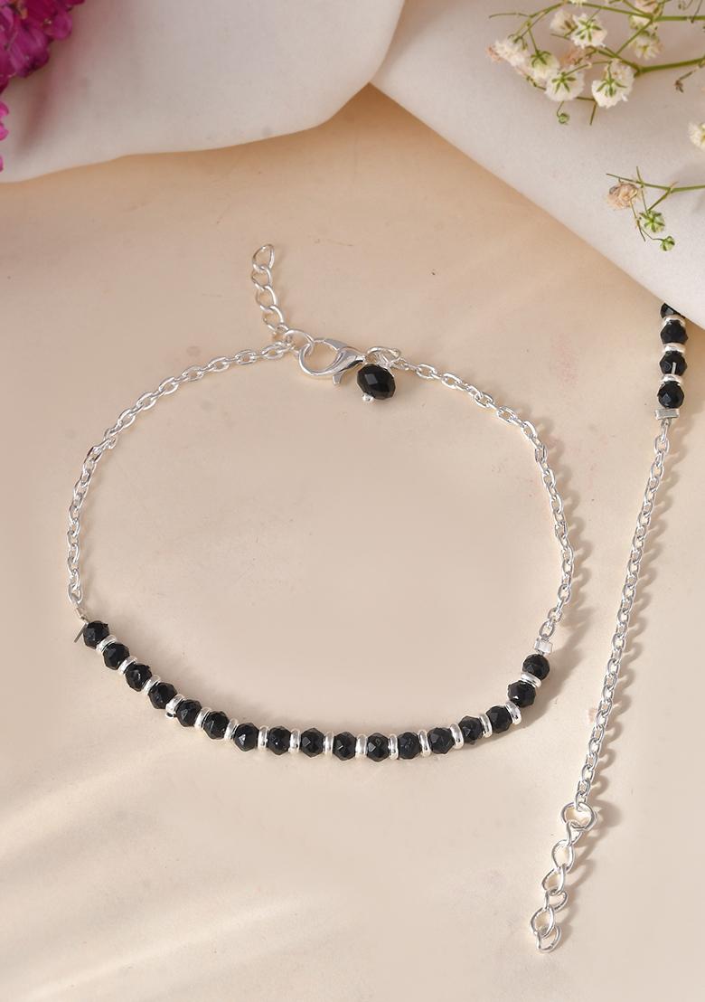 Elegant Silver Plated Black Bead Anklet And Traditional And Trendy