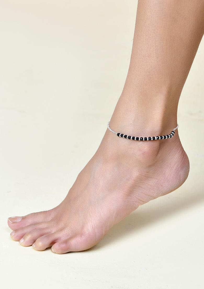 Elegant Silver Plated Black Bead Anklet And Traditional And Trendy