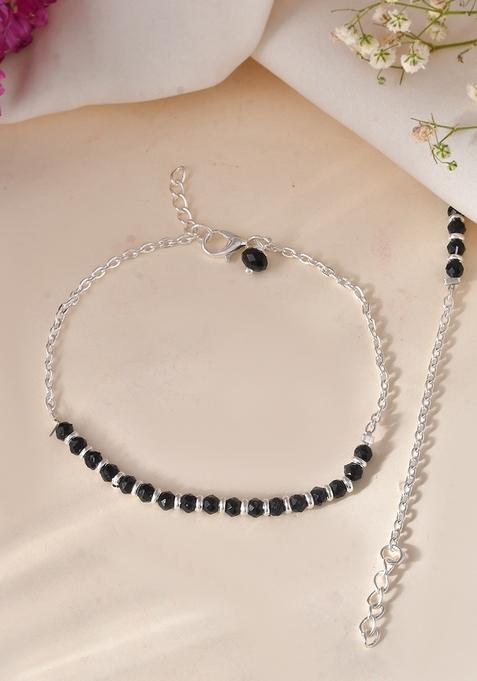 Elegant Silver Plated Black Bead Anklet  And  Traditional And Trendy