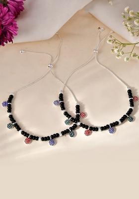 Traditional Silver Plated Black Beaded Anklet With Floral Charms