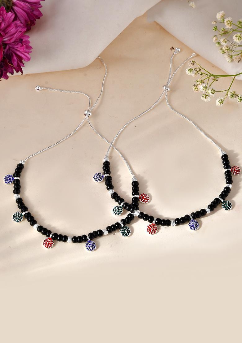Traditional Silver Plated Black Beaded Anklet With Floral Charms