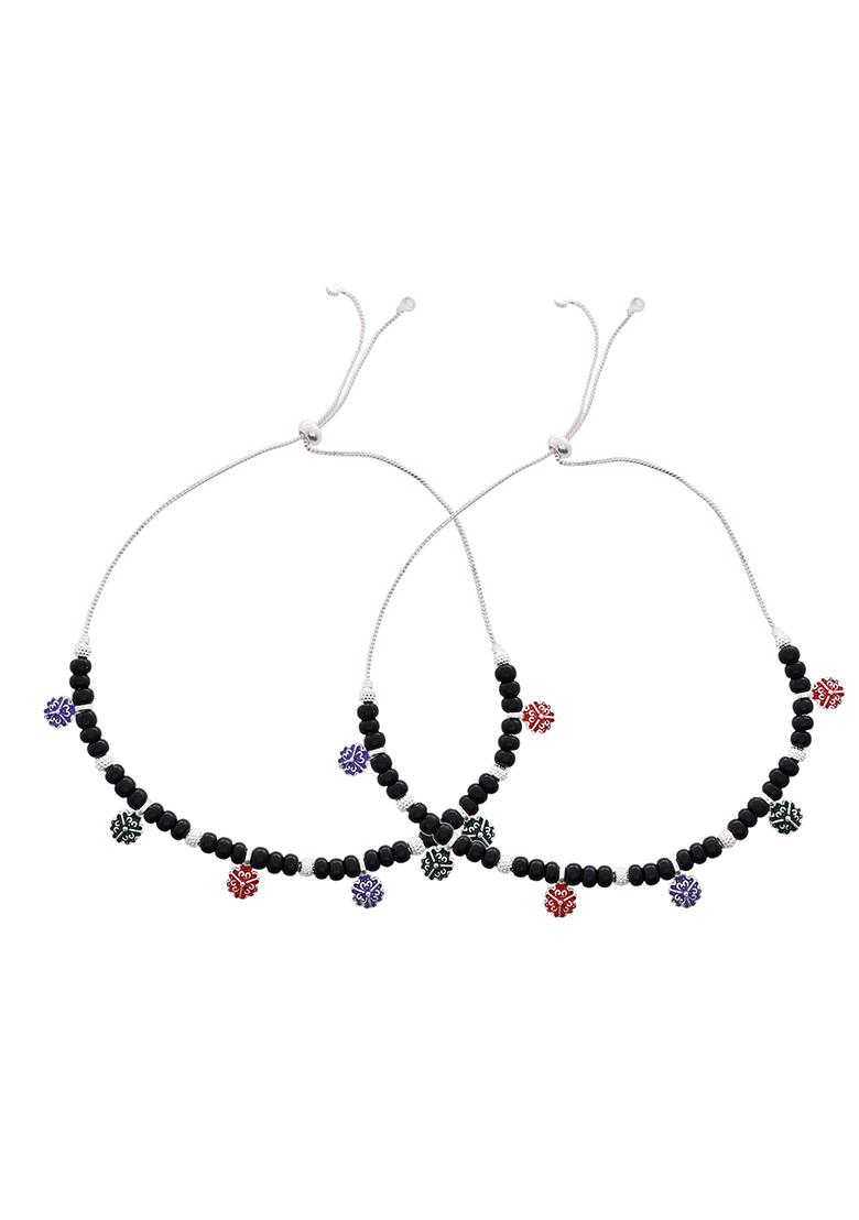 Traditional Silver Plated Black Beaded Anklet With Floral Charms