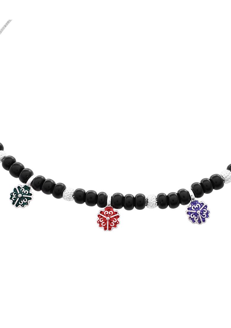 Traditional Silver Plated Black Beaded Anklet With Floral Charms