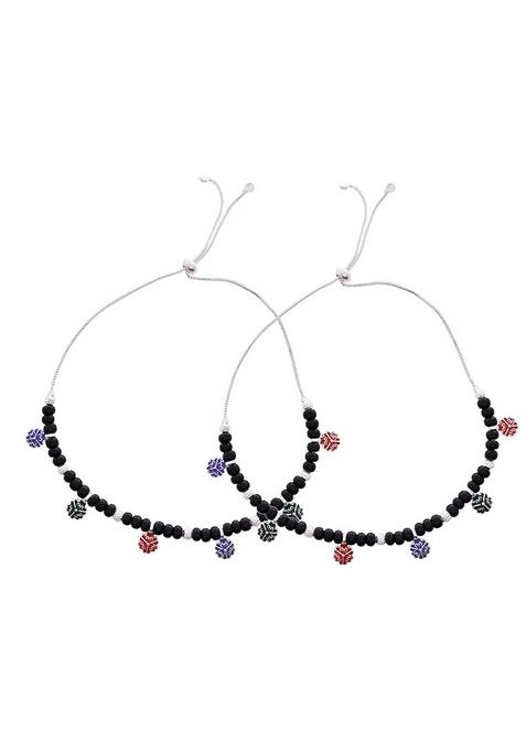 Traditional Silver Plated Black Beaded Anklet With Floral Charms
