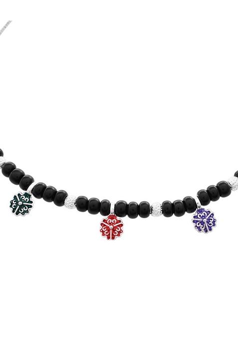 Traditional Silver Plated Black Beaded Anklet With Floral Charms