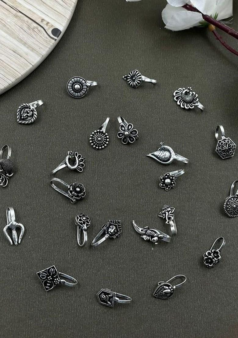 Set Of 21 Silver Plated Oxidised Stud Nosepins