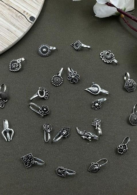 Set Of 21 Silver Plated Oxidised Stud Nosepins