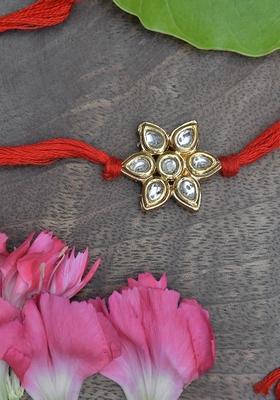 Kundan Floral Red Gold Tone Kundan Rakhi