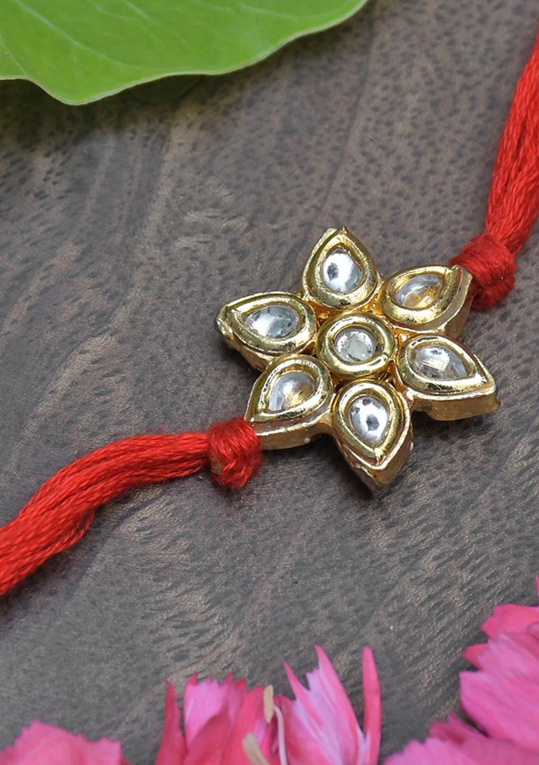 Kundan Floral Red Gold Tone Kundan Rakhi