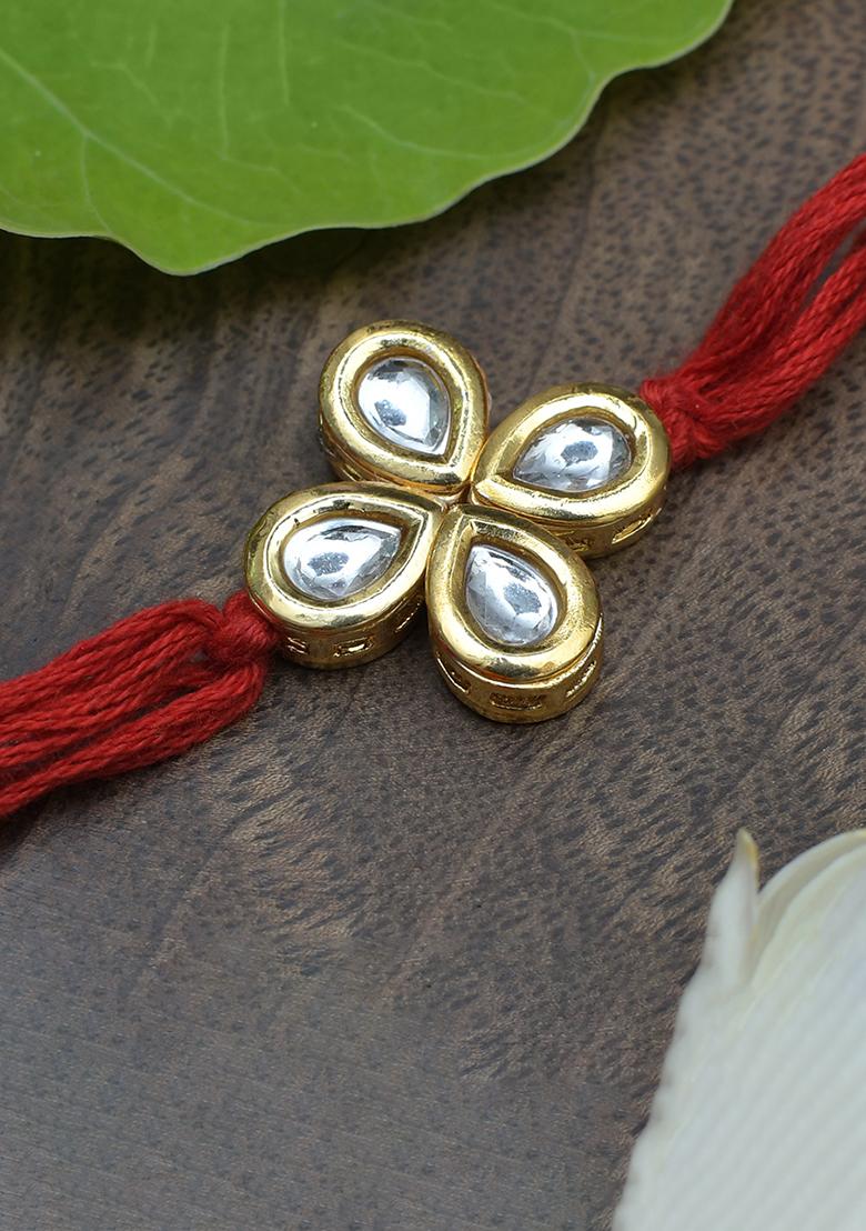 Kundan Floral Red Gold Tone Kundan Rakhi