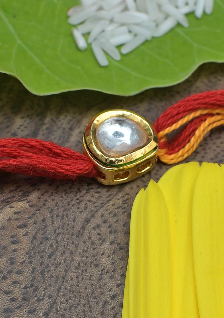 Red Yellow Gold Tone Kundan Rakhi